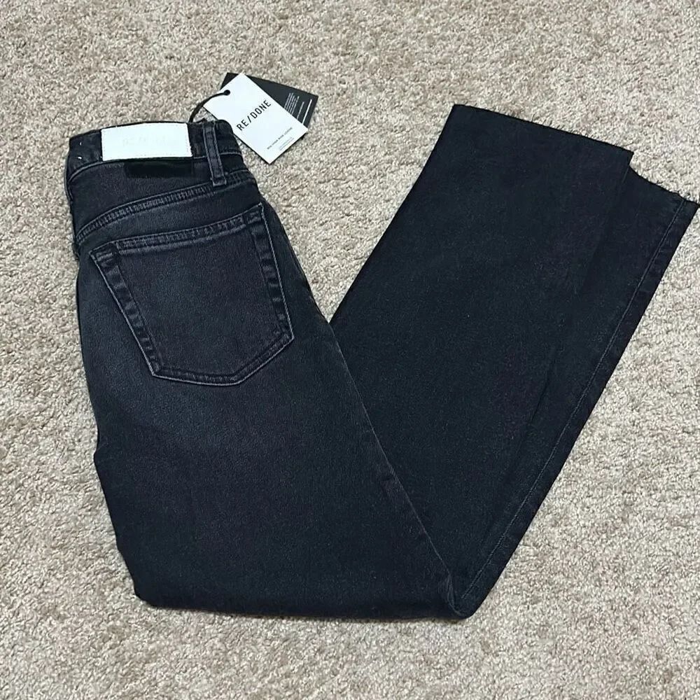Re/Done Women's 24 Loose Fit 90's High Rise Jeans Black Denim Button Fly Raw Hem
